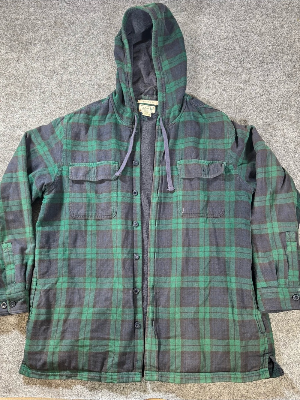L.L.Bean Hooded Fleece Lined Plaid Flannel Shirt Jacket Green Black Men's L